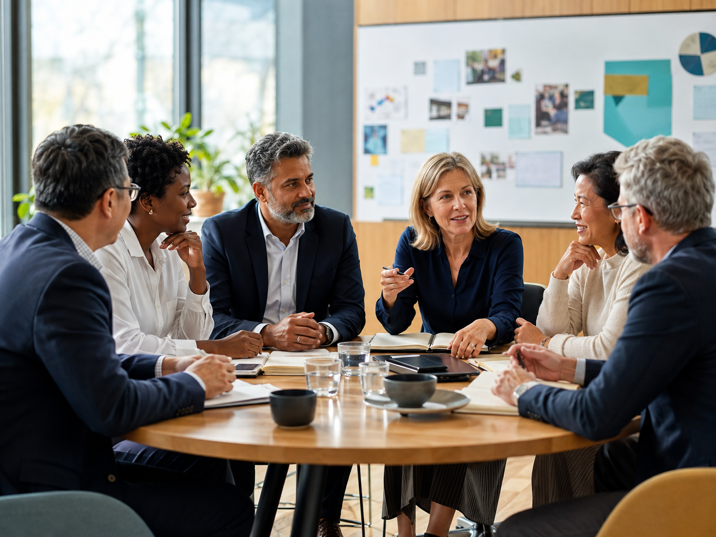 A culturally diverse group of senior professionals collaborating around a meeting table