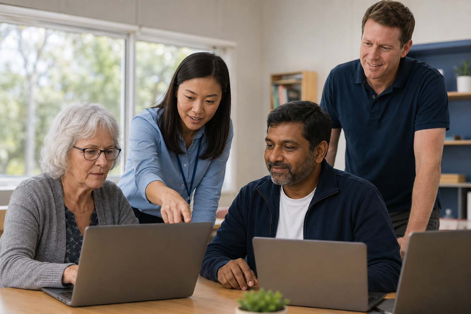A technology volunteer helping recipients use donated laptops